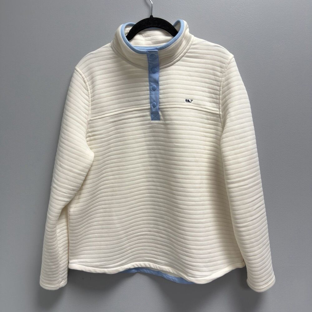 Vineyard Vines Sweater Women Large Ivory Fleece Snap Ribbed Textured Pullover